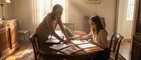 Two professional women collaborating over documents and laptop in warm sunlit home office, discussing business strategy and planning projects together.