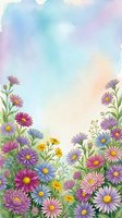 Watercolor wildflower border with purple pink blue yellow blooms on pastel sky background for spring summer greeting cards invitations stationery design.