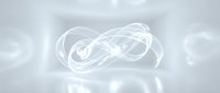 Glowing white infinity symbol with flowing energy trails on soft gray background with bokeh light effects for spiritual and technology concepts.