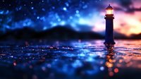 Lighthouse silhouette against dramatic sunset sky reflecting in water with bokeh light effects and starry background creating dreamy atmospheric seascape.