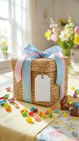 Wicker basket gift box with pastel ribbon and blank tag surrounded by colorful Easter eggs and chocolate candies on floral tablecloth for spring celebration.
