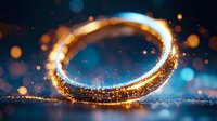 Magical glowing golden ring with sparkles and light trails floating in dark blue space with bokeh effects, creating mystical atmosphere for fantasy designs.
