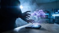 Businessman using futuristic holographic technology with purple energy effects emerging from tablet in modern office environment for digital innovation concepts.