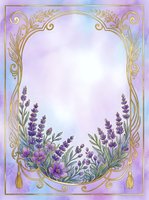 Ornate golden frame with lavender flowers and scrollwork on watercolor gradient background, isolated on white space for greeting cards, invitations, and decorative design projects.