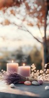 Serene spa composition with burning pink candles, lavender bouquet, healing crystals and zen stones on wooden surface against blurred natural background.