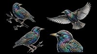 Iridescent starling bird set with four poses, isolated on transparent background, ready for stickers, t-shirt design, clipart, print on demand, and sublimation projects.
