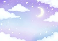 Dreamy pastel sky with crescent moon, fluffy white clouds and twinkling stars in soft purple and blue gradient background for fantasy designs.