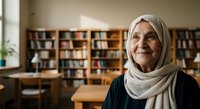 Senior woman wearing white hijab and dark clothing smiling in library with wooden bookshelves, desk, and natural window light, suitable for education, diversity, and community themes.