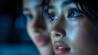 Young Asian woman face in dramatic blue lighting with glitter makeup and glossy lips, side profile portrait showing emotional expression and artistic beauty.