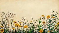 Vintage botanical illustration of yellow wildflowers and herbs against aged parchment background, perfect for nature-themed designs.