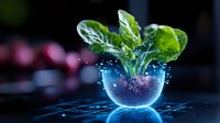 Glowing futuristic plant growing in transparent bowl with digital hologram effect and sparkles against dark background, concept of biotechnology and innovation.