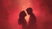 Romantic couple silhouettes kissing against dreamy red starry sky background for Valentine's Day cards, wedding invitations and love-themed designs.