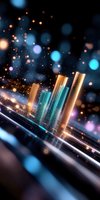 Glowing futuristic skyscrapers with golden and turquoise light effects against dark background, sparkles and bokeh creating magical urban atmosphere.