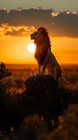 Majestic male lion standing on rock at sunset, silhouetted against dramatic orange sky with glowing sun. Wild African savanna landscape with backlit mane and proud pose.