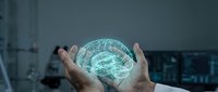 Medical professional holding holographic brain model in modern laboratory for neuroscience research and healthcare technology applications.