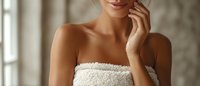 Young woman in white strapless towel touching face after shower in bright bathroom with natural window light for skincare and wellness concepts.