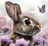 Cute rabbit with brown and white fur surrounded by pink flowers and purple butterfly in soft garden setting.