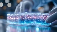 Scientist in laboratory holding glowing digital brain with neural network connections representing artificial intelligence and medical research innovation.