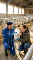 Two farmers caring for white calf in modern dairy barn with natural lighting and straw bedding for agricultural livestock management.