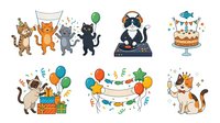 Cartoon cats celebrating with balloons, confetti, and party decorations in various festive scenes. Isolated clipart collection suitable for greeting cards, invitations, t-shirts, and children's designs.