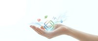 Open hand holding wellness icons including heart, leaf, and heartbeat symbol on light background for healthcare and wellness concepts.