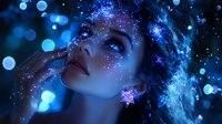 Young woman with glowing magical makeup and star earrings in blue neon light surrounded by sparkles and bokeh effects, profile view with eyes closed and dreamy expression.