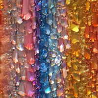 Colorful water drops on glass surface with pink, blue and golden stripes creating abstract pattern. Macro photography of condensation with rainbow light effect.