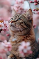 Curious tabby cat with bright blue eyes sniffing pink cherry blossoms in spring garden. Close-up portrait shows soft fur and whiskers against blurred floral background.