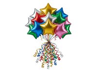 Colorful metallic star-shaped balloons in gold, red, blue, pink, and green with hanging ribbons and confetti on white background. Isolated design element for party decorations, celebrations, and festive events.