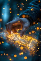 Magical hand touching glowing golden light trail with sparkling particles against dark blue background, creating ethereal atmosphere with bokeh effect.
