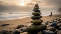 Zen stone stack on beach at sunset with balanced rocks creating peaceful meditation scene. Calm ocean waves and golden sky create tranquil atmosphere for wellness.