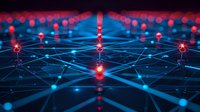 Glowing red and blue network connections on dark background illustrate digital communication, artificial intelligence and technological advancement concept.