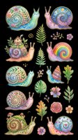 Whimsical snails with ornate spiral shells in pastel colors, surrounded by botanical elements including ferns, flowers, and leaves. Features multiple snail characters with decorative patterns, one with a rainbow shell, isolated on transparent background. Ready for t-shirt design, stickers, clipart, sublimation, and print-on-demand projects.