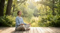Young woman meditating in peaceful forest setting on wooden deck surrounded by lush green ferns and trees with warm sunlight filtering through canopy.