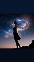 Woman silhouette with cosmic galaxy hair flowing against starry night sky background for spiritual and fantasy concepts.