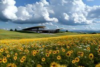 Modern architectural building nestled in blooming sunflower field against dramatic cloudy sky and mountain backdrop, showcasing sustainable design in natural landscape.