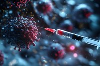 Medical syringe with red vaccine approaching virus cell, conceptual visualization of vaccination against infectious disease.