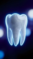 Glowing translucent tooth with blue neon outline on dark background for dental care and oral health concepts.