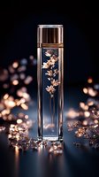 Luxury perfume bottle with golden floral design on dark background, surrounded by glowing metallic flowers creating elegant atmosphere for cosmetic advertising.