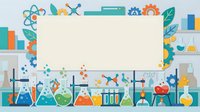 Laboratory equipment and science icons arranged around blank space for text, featuring colorful beakers, flasks, molecules, atoms, and educational symbols suitable for scientific research, education, and STEM learning materials.