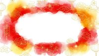 Vibrant red and gold watercolor frame with traditional Asian cloud motifs and lantern elements on white background for festive design projects.
