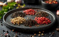 Assorted colorful peppercorns and spices on dark plate, raw ingredients for cooking and seasoning food in gourmet kitchen.