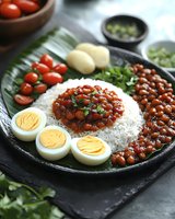 Red beans served with white rice, boiled eggs, and fresh cherry tomatoes on black plate. Traditional Latin American cuisine garnished with herbs and spices.