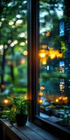 Atmospheric window view with digital screen reflection blending with natural bokeh lights and foliage, creating modern technology meets nature ambiance.