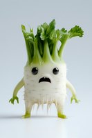 Fresh celery root character with expressive face and leafy green top standing against light gray background, creative food art concept for healthy eating.