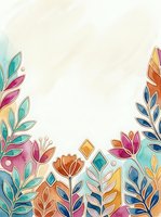 Colorful botanical border with stylized leaves and flowers in watercolor style on cream background, isolated design element for greeting cards, invitations, and decorative projects.