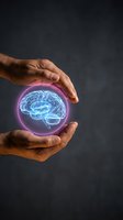 Protective hands surrounding glowing brain hologram representing mental health care, cognitive protection, and neurological wellness concepts.