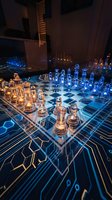 Futuristic chess set with glowing copper and blue glass pieces on digital circuit board background representing strategy and artificial intelligence.