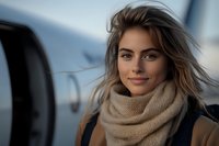 Young Caucasian woman with windswept hair wearing beige knit scarf smiling confidently outdoors on windy autumn day, natural lighting and shallow depth of field.