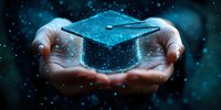 Glowing blue graduation cap hologram floating above cupped hands against dark background with magical sparkles and bokeh lights. Concept of education achievement.